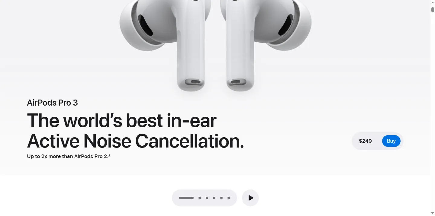 Apple's AirPods Pro 3 product page showing the $249 price