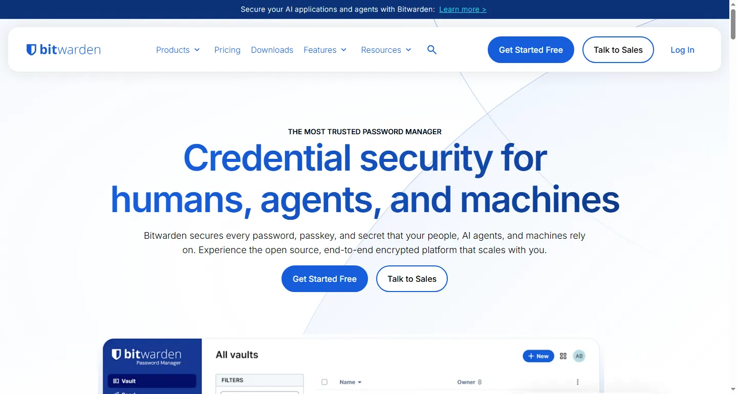 Bitwarden homepage with the password manager pitch and download buttons