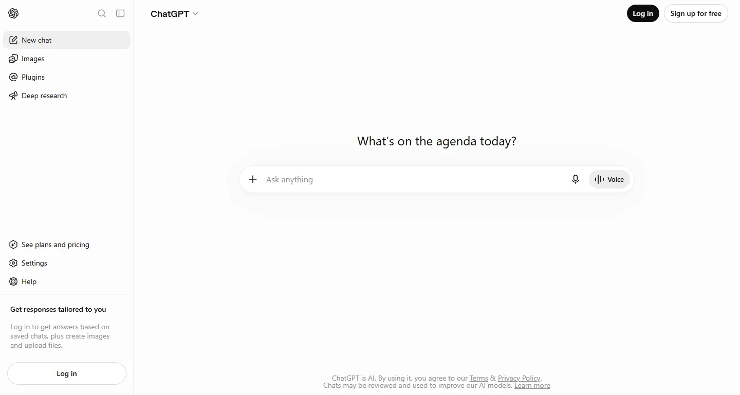 ChatGPT's logged-out chat interface with the message input box front and center