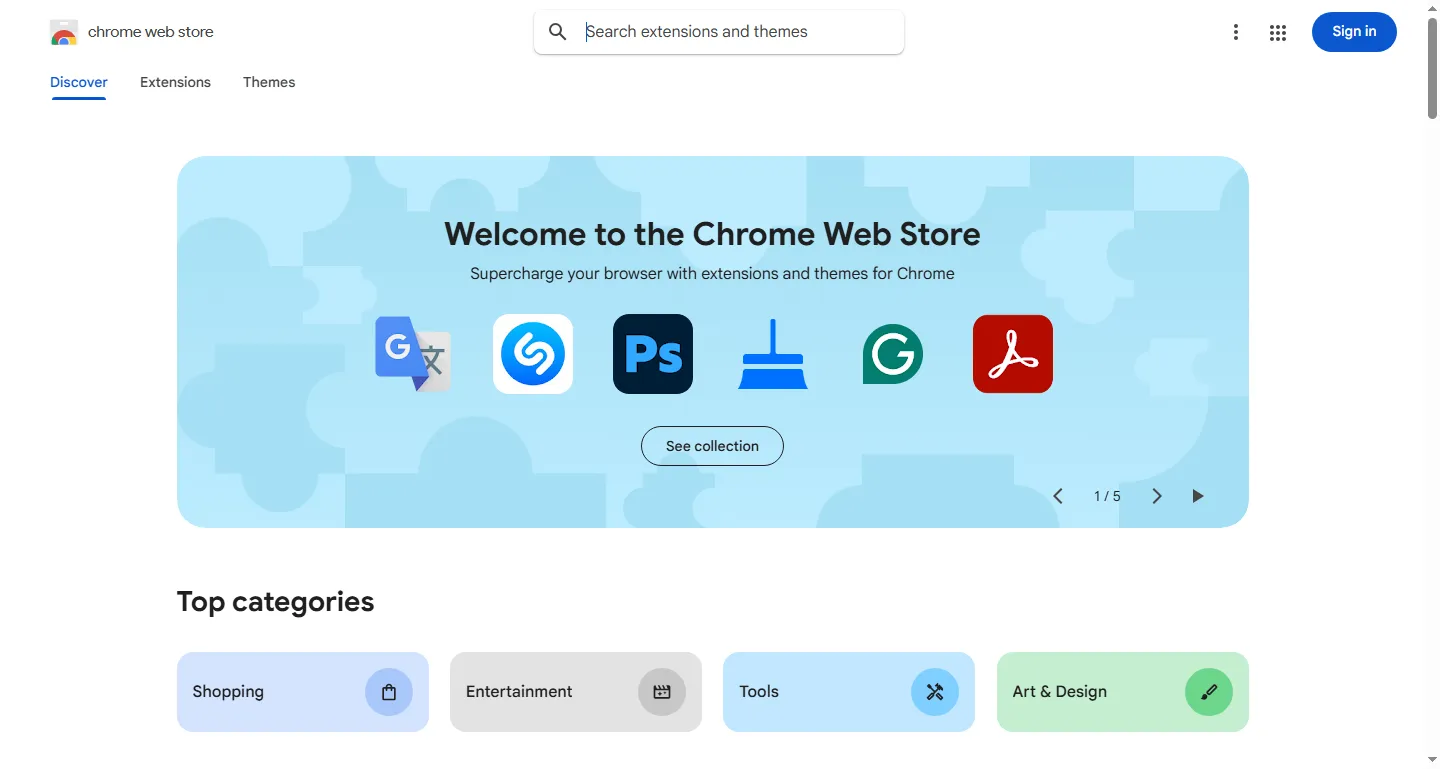 Chrome Web Store homepage