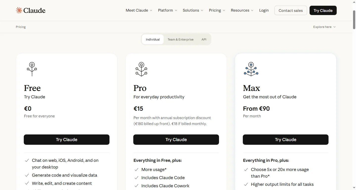 Claude's pricing page listing its individual plan tiers