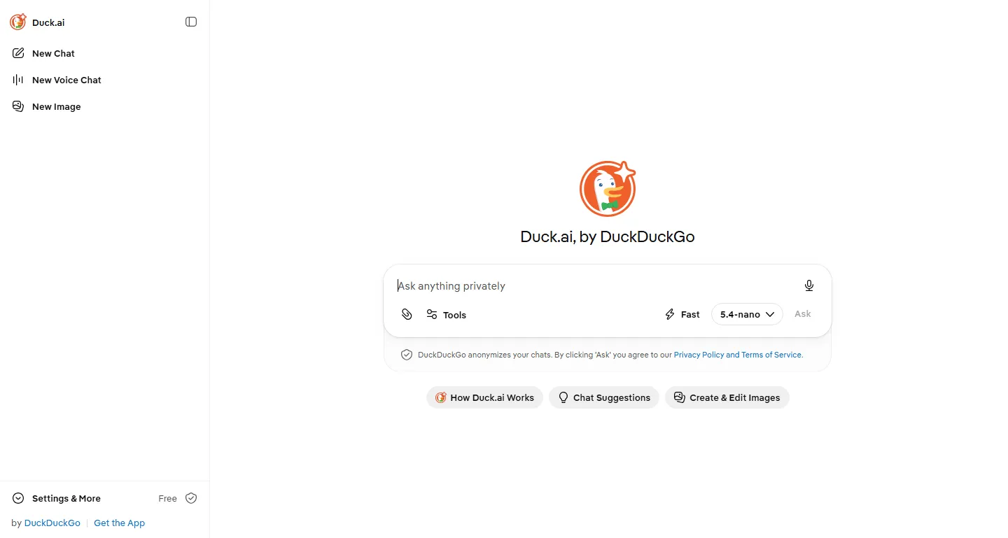 Duck.ai's anonymous chat interface with no login prompt visible
