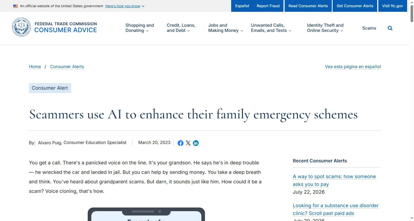 FTC consumer alert page warning that scammers use AI to enhance family emergency schemes