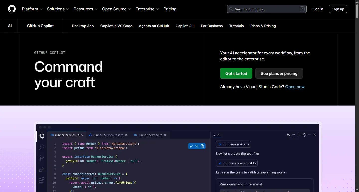 GitHub Copilot's features page describing its editor-integrated coding assistant