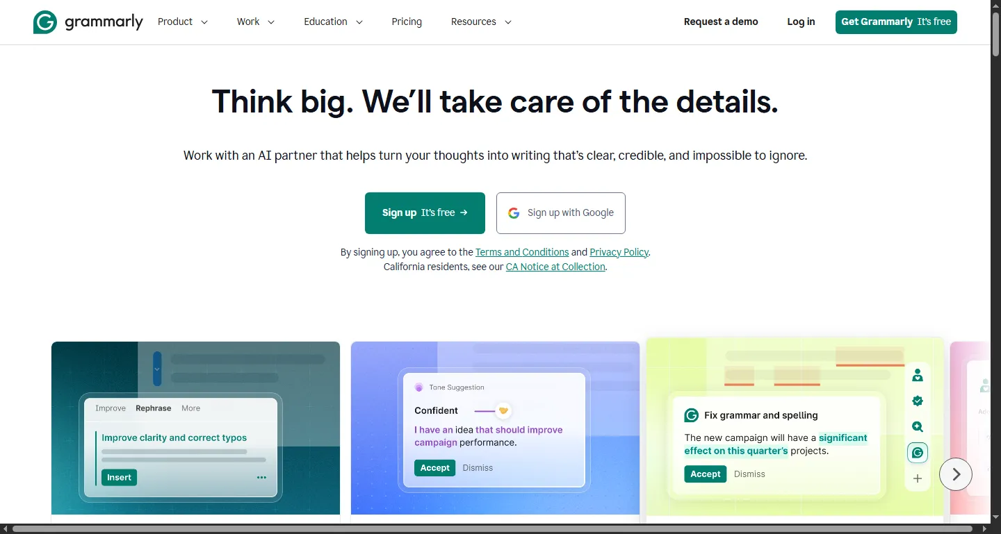 Grammarly's homepage describing its writing assistant