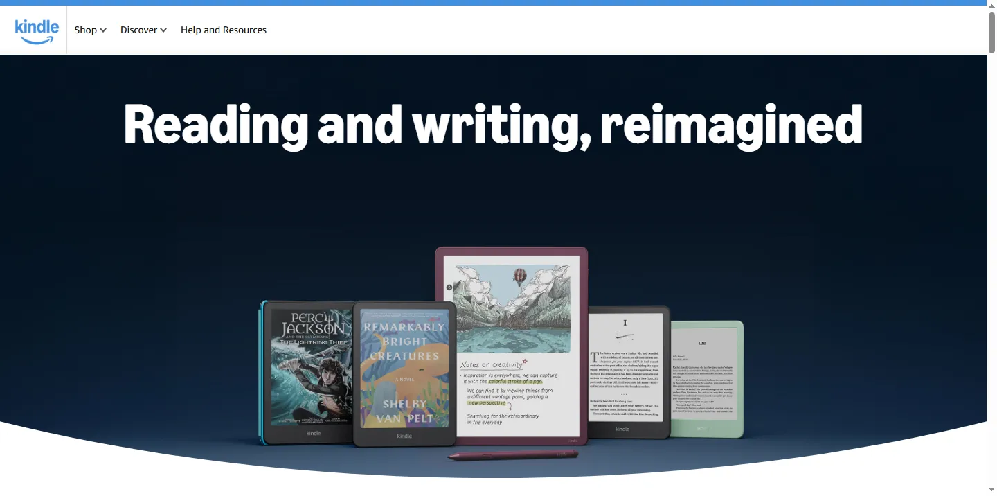 Amazon's Kindle storefront showing the current lineup, including Paperwhite and Colorsoft