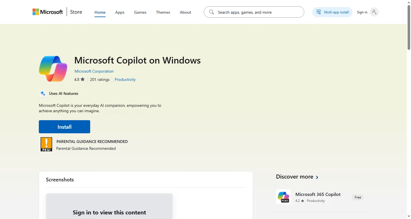 Microsoft Store web listing for the Copilot app