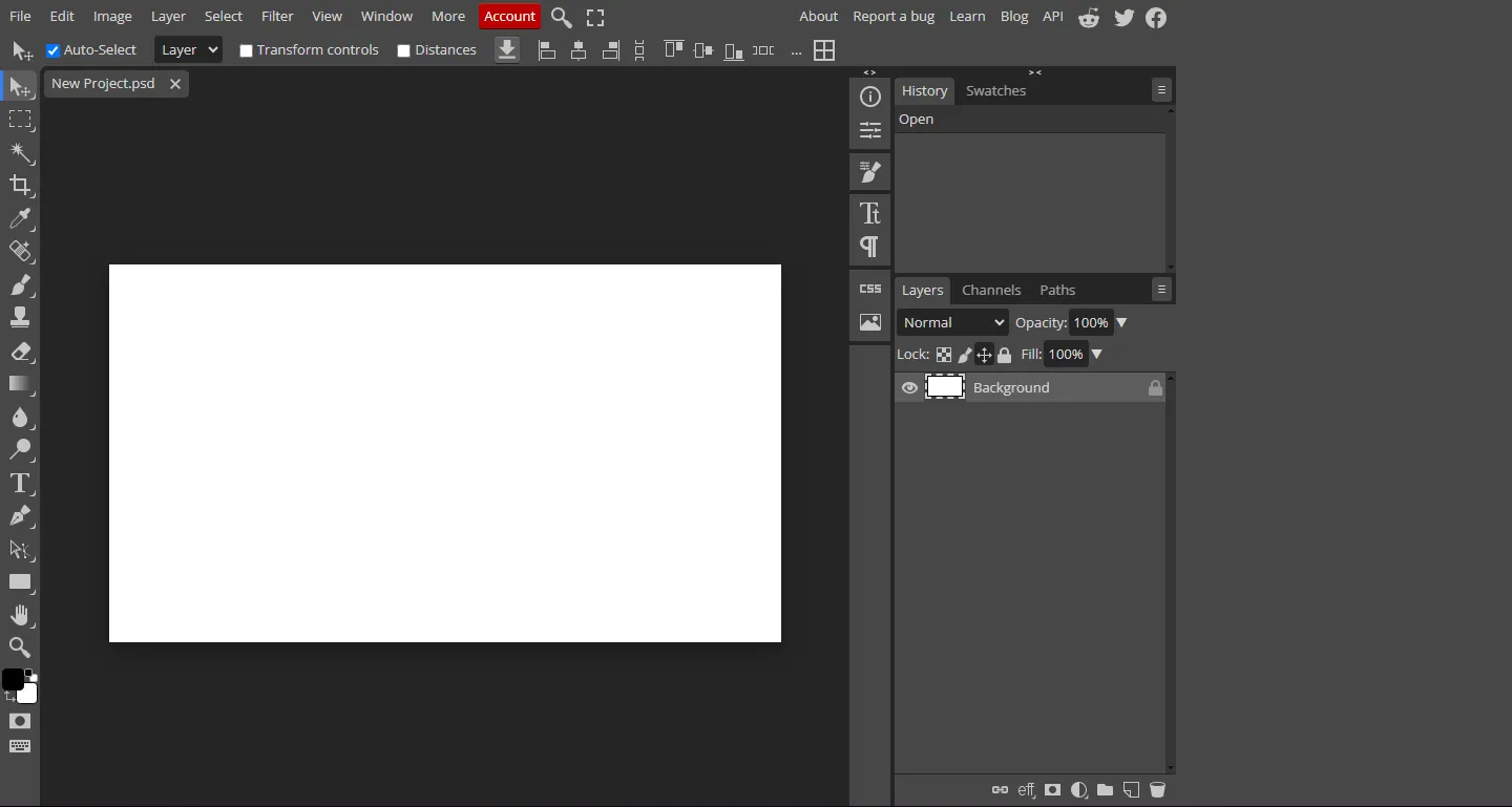 Photopea's browser-based editor open to a blank new project