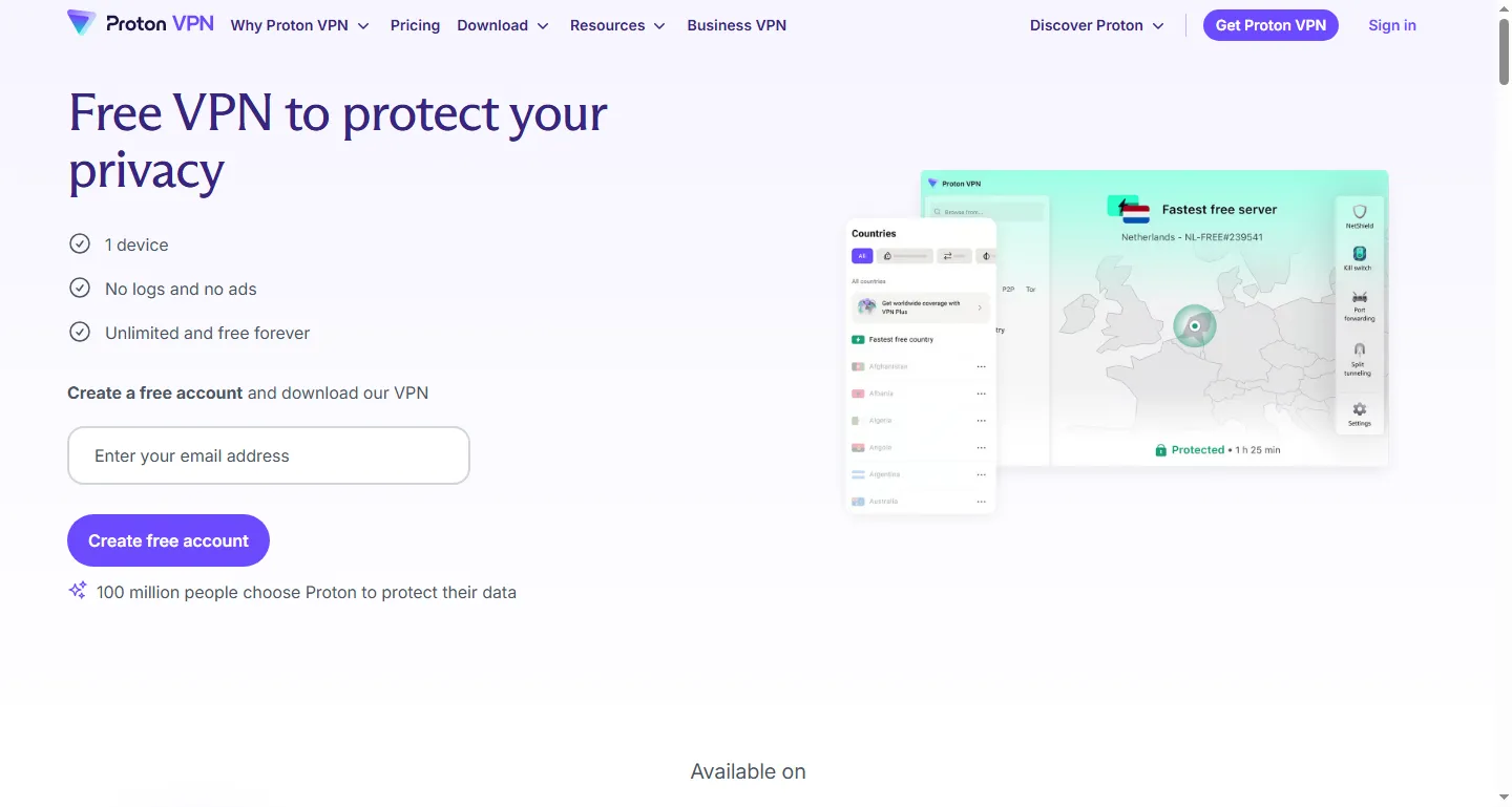 Proton VPN's free plan page