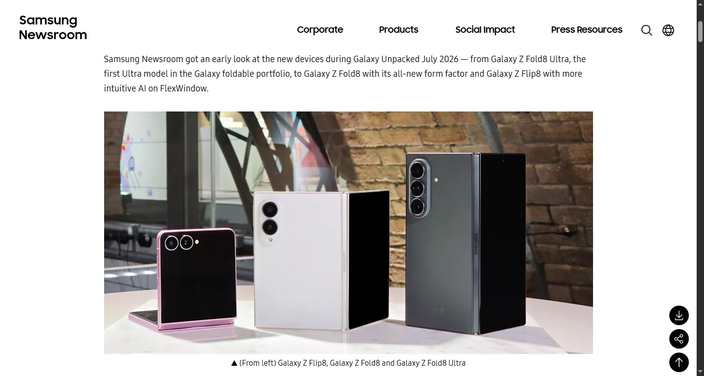 Samsung Newsroom press photo of the Galaxy Z Flip8, Z Fold8 and Z Fold8 Ultra side by side