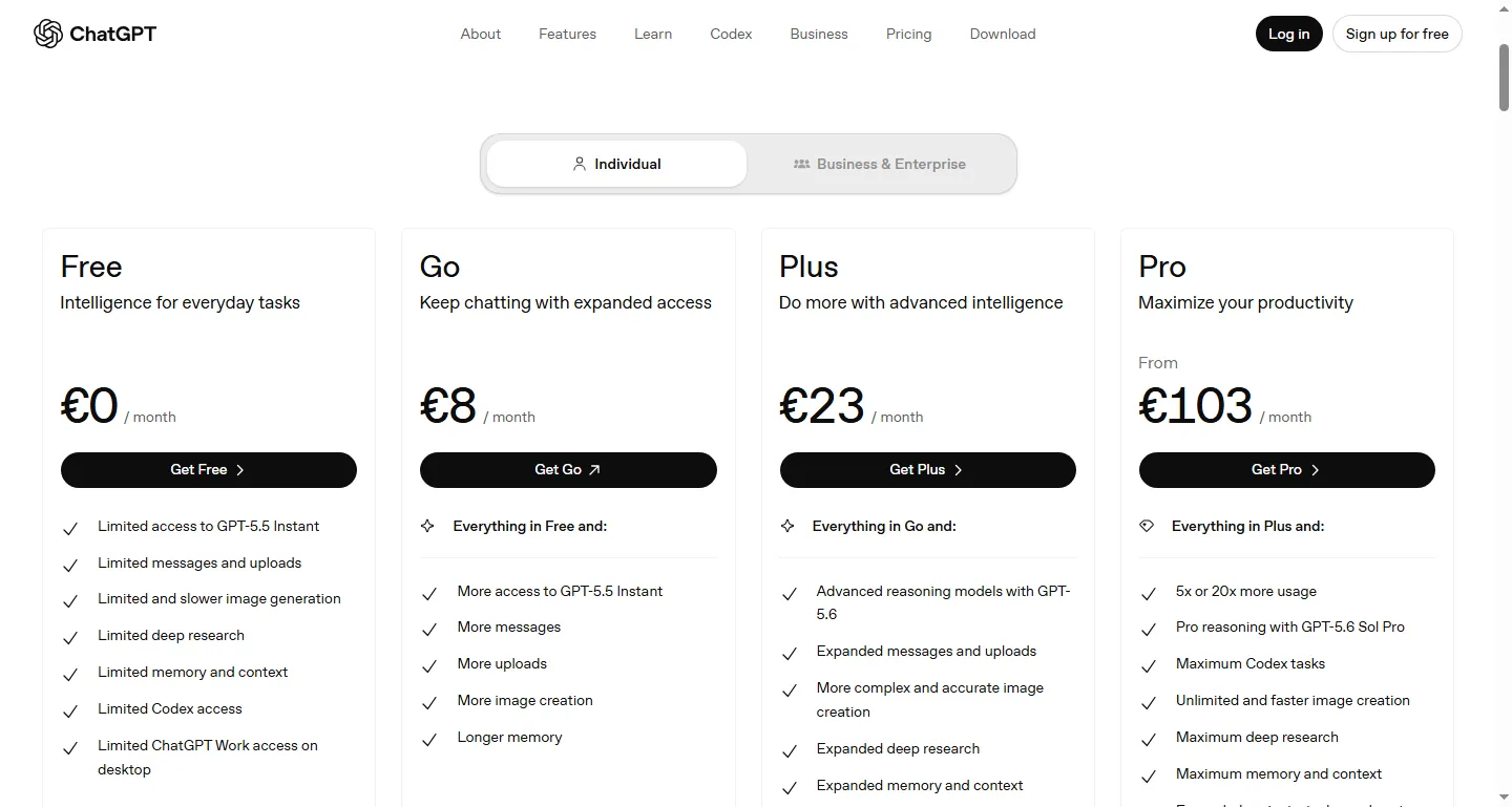 ChatGPT's pricing page showing the Free, Go, Plus, and Pro plan cards