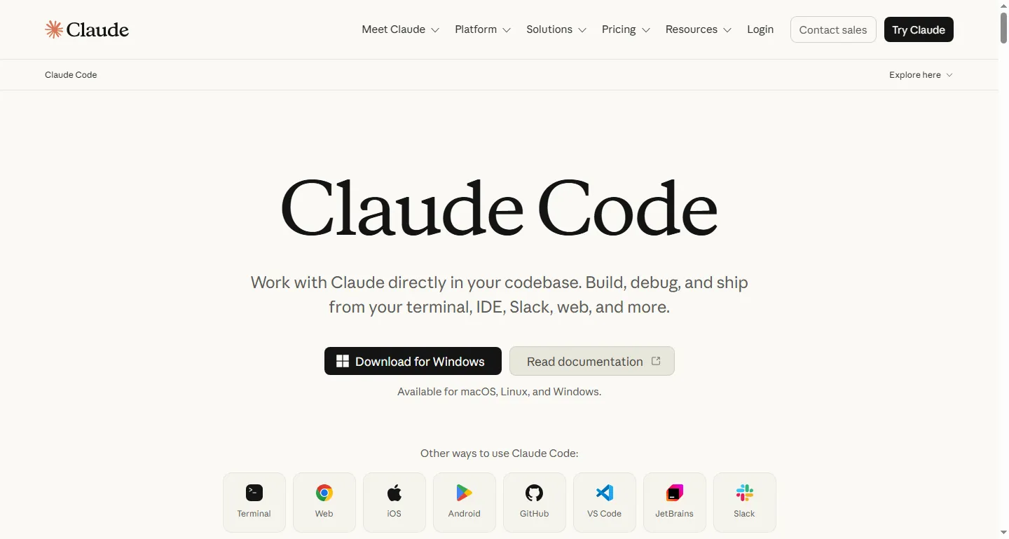 Claude Code's product page describing Anthropic's command-line coding agent