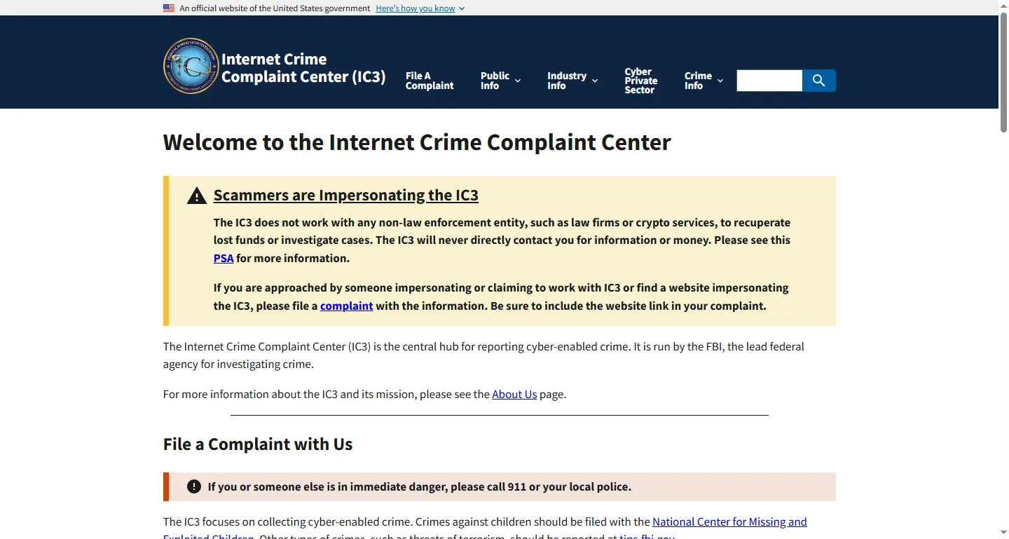 The FBI's IC3 website, the real destination for reporting internet crime