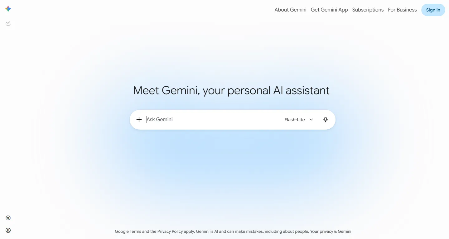 Gemini's logged-out app interface at gemini.google.com