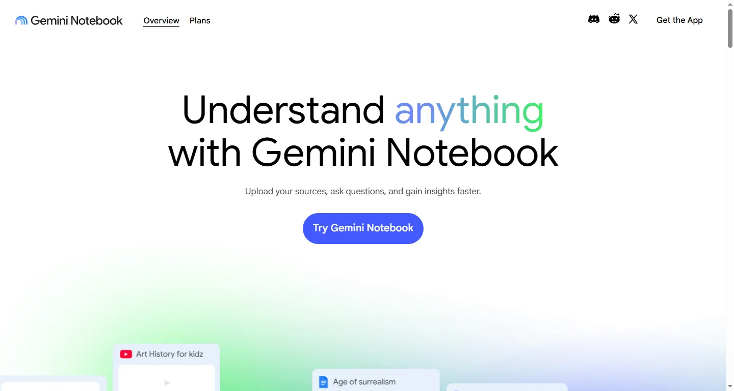 Google Notebook's marketing page describing its document-grounded assistant