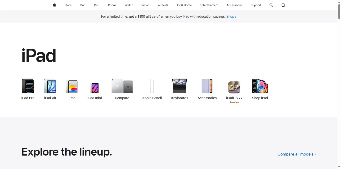 Apple's iPad lineup page showing iPad Pro, Air, iPad and mini