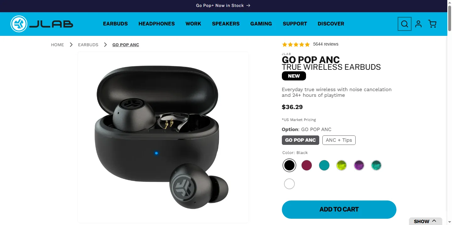 JLab's product page for the Go Pop ANC earbuds