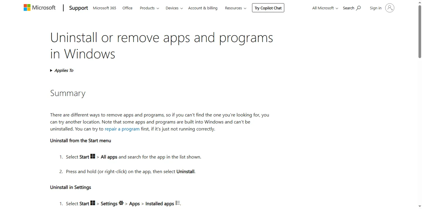 Microsoft's Windows support article listing the steps to uninstall an app, including the Settings, Apps, Installed apps path