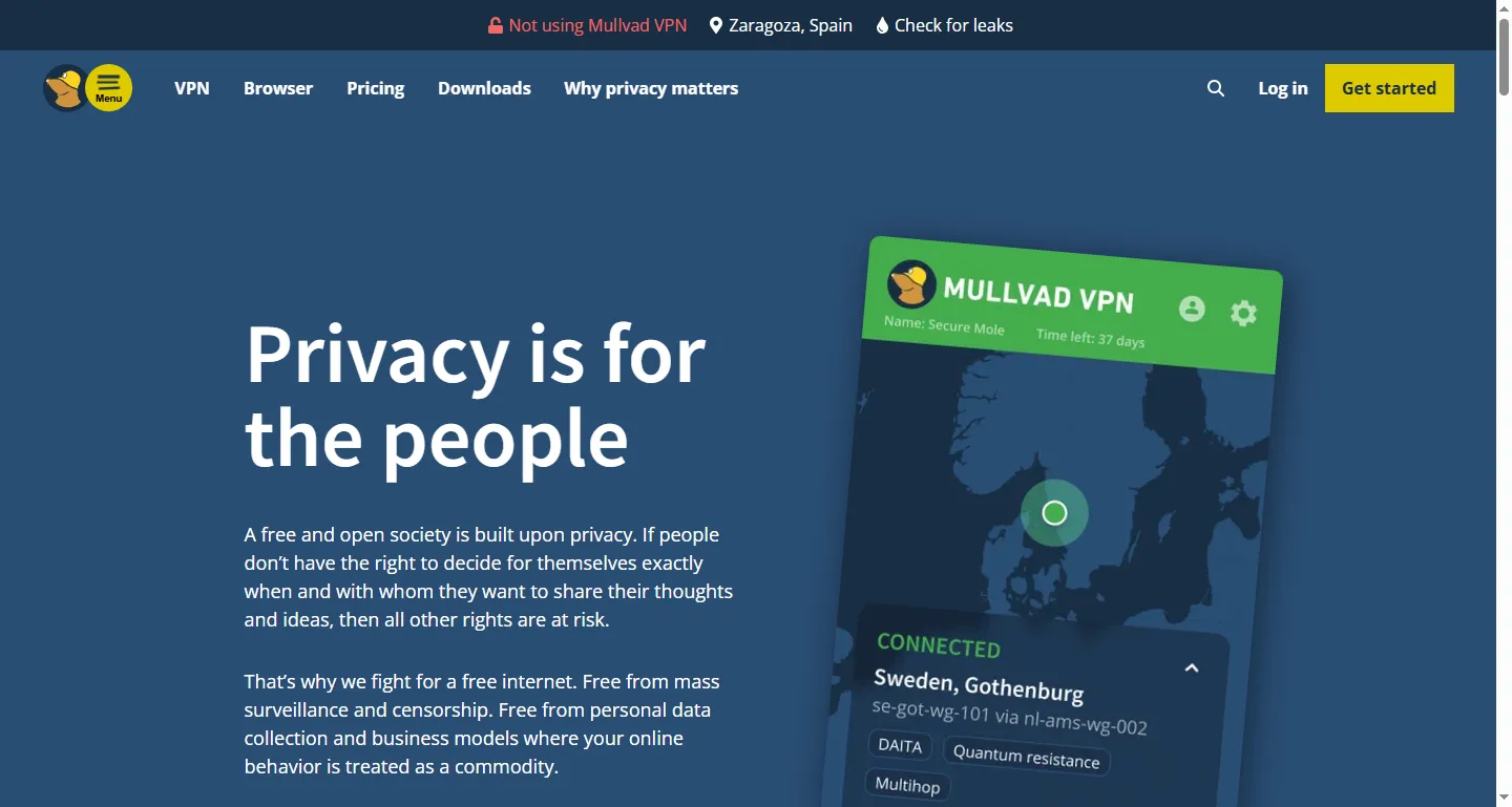 Mullvad's homepage advertising its flat-rate pricing