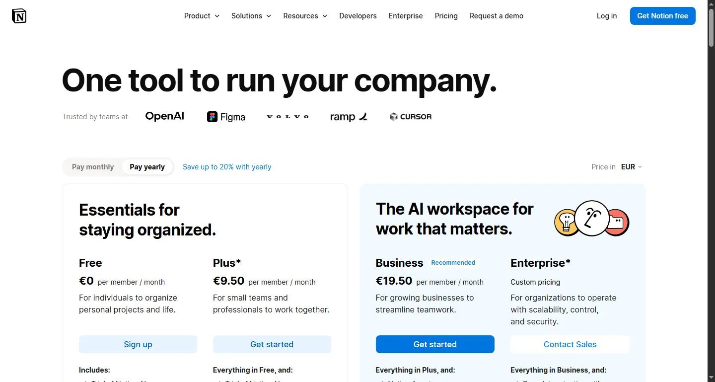 Notion's pricing page showing its plan tiers