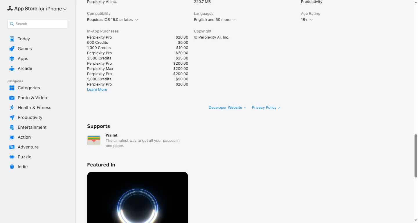 Perplexity's Apple App Store listing with the In-App Purchases section expanded, showing Perplexity Pro at twenty dollars monthly, Perplexity Pro at two hundred dollars annually, and Perplexity Max at two hundred dollars
