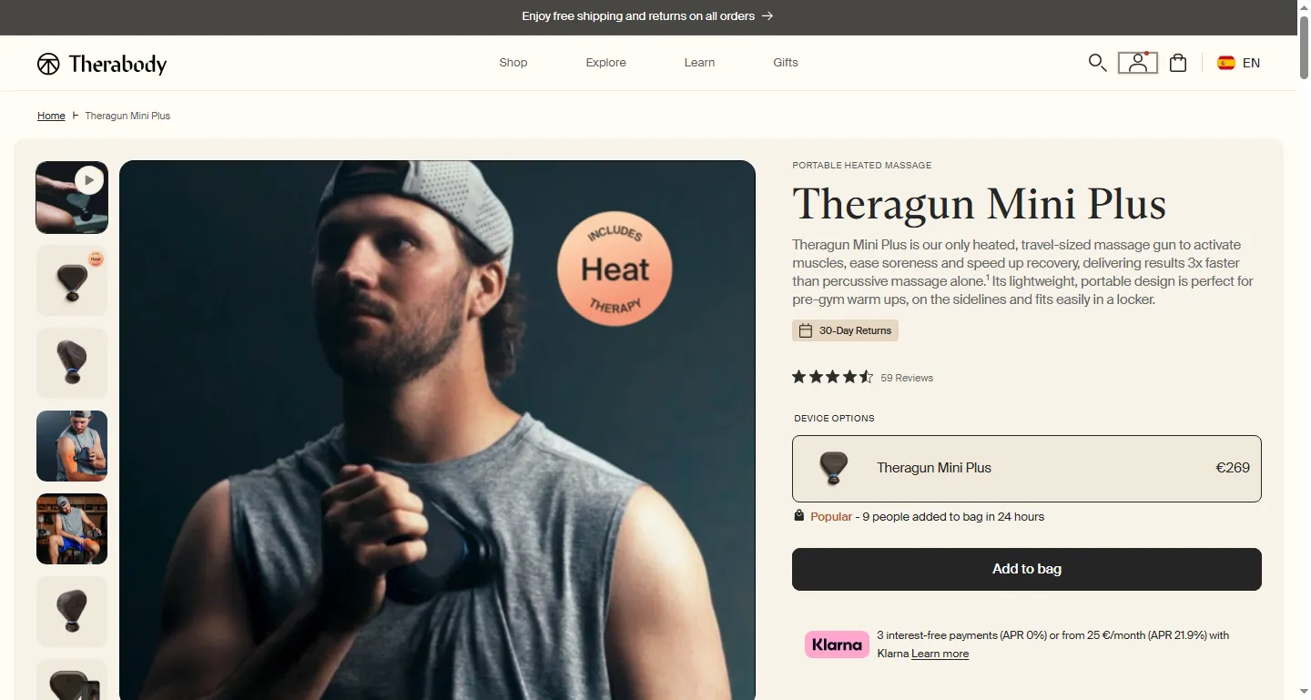 Therabody's current product page for the Theragun Mini Plus massage gun