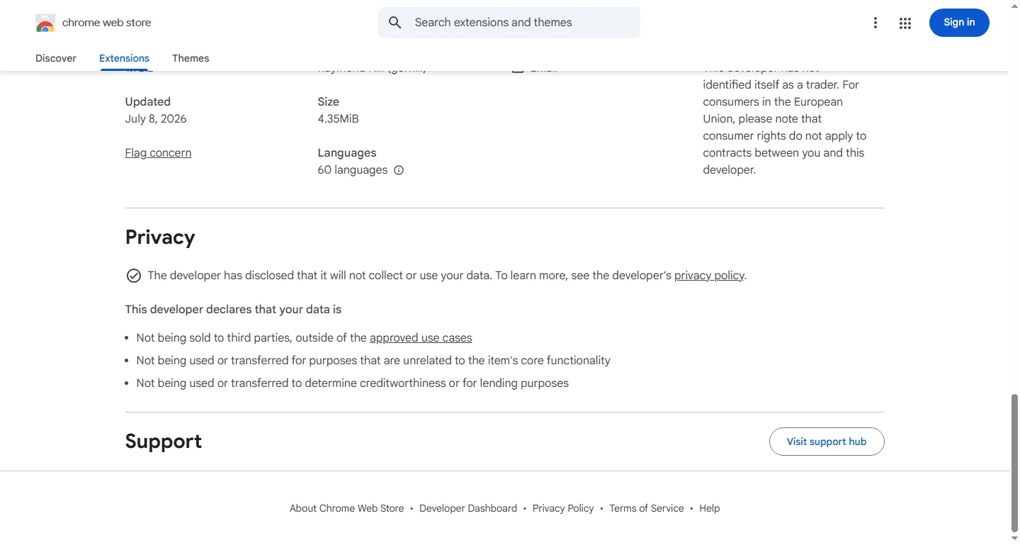 The privacy-practices panel on a Chrome Web Store extension listing, showing disclosed data collection