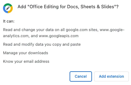 Chrome's "Add extension?" confirmation dialog listing the permissions an extension is requesting before install