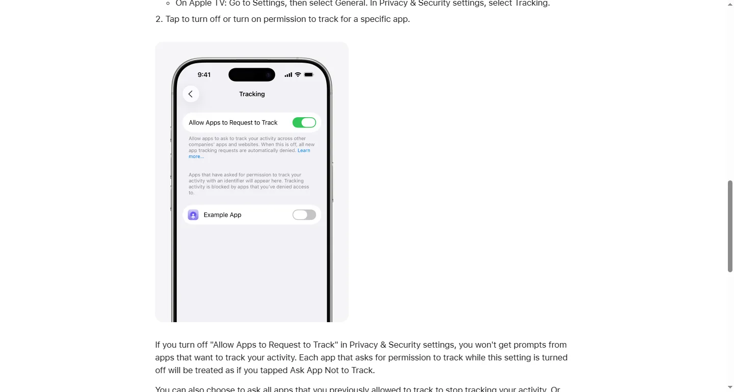 Apple's support page showing the iPhone Tracking screen with the "Allow Apps to Request to Track" toggle