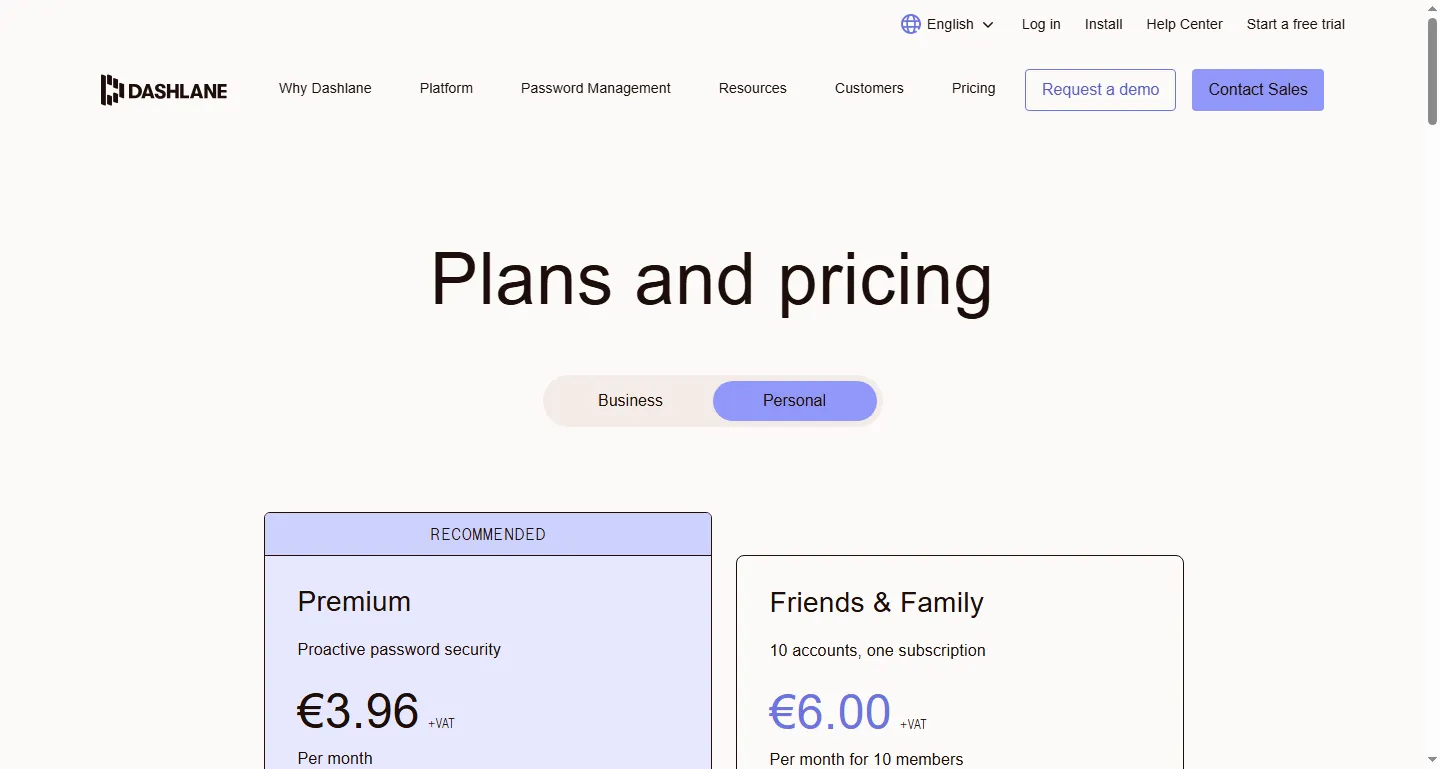 Dashlane's personal pricing plans page