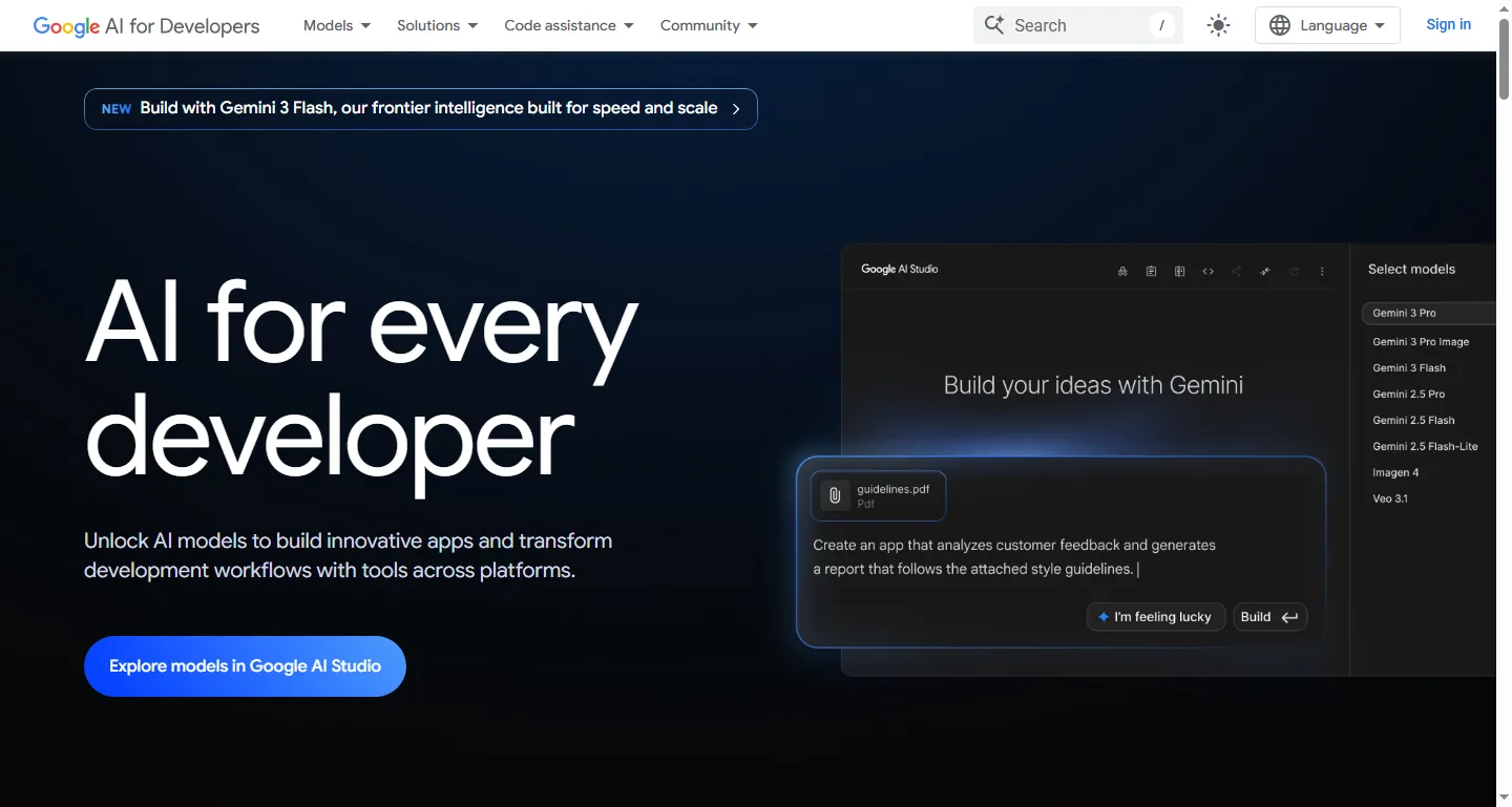 Google's AI developer platform homepage at ai.google.dev