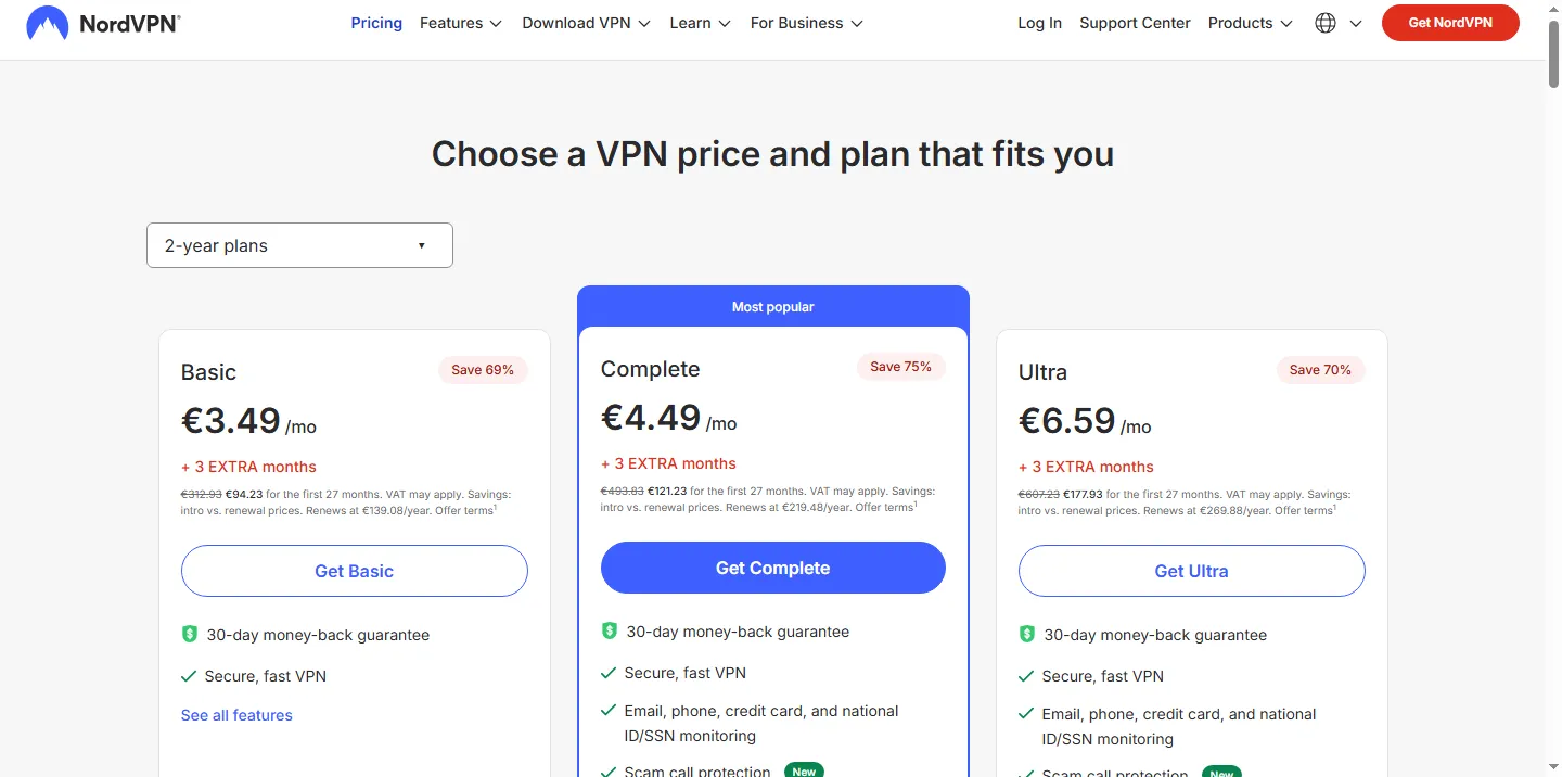 NordVPN's pricing page showing its plan tiers