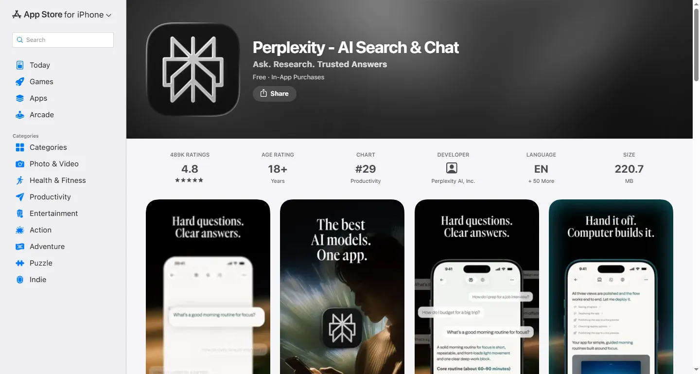 Perplexity's Apple App Store listing, showing the app icon, ratings, and the vendor's own screenshots of the search interface with inline source citations