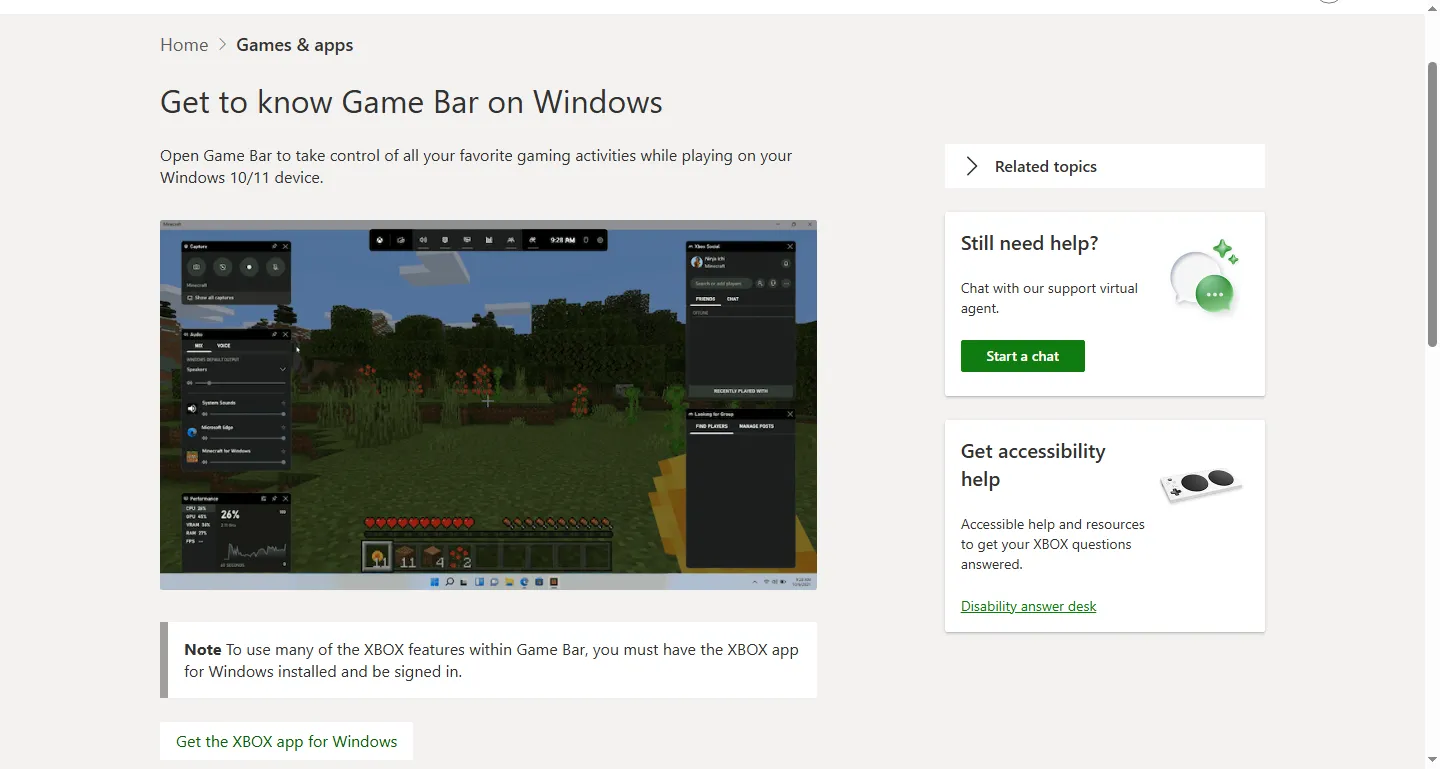 Microsoft's Xbox support page for Game Bar, showing the Game Bar overlay and its widget panels