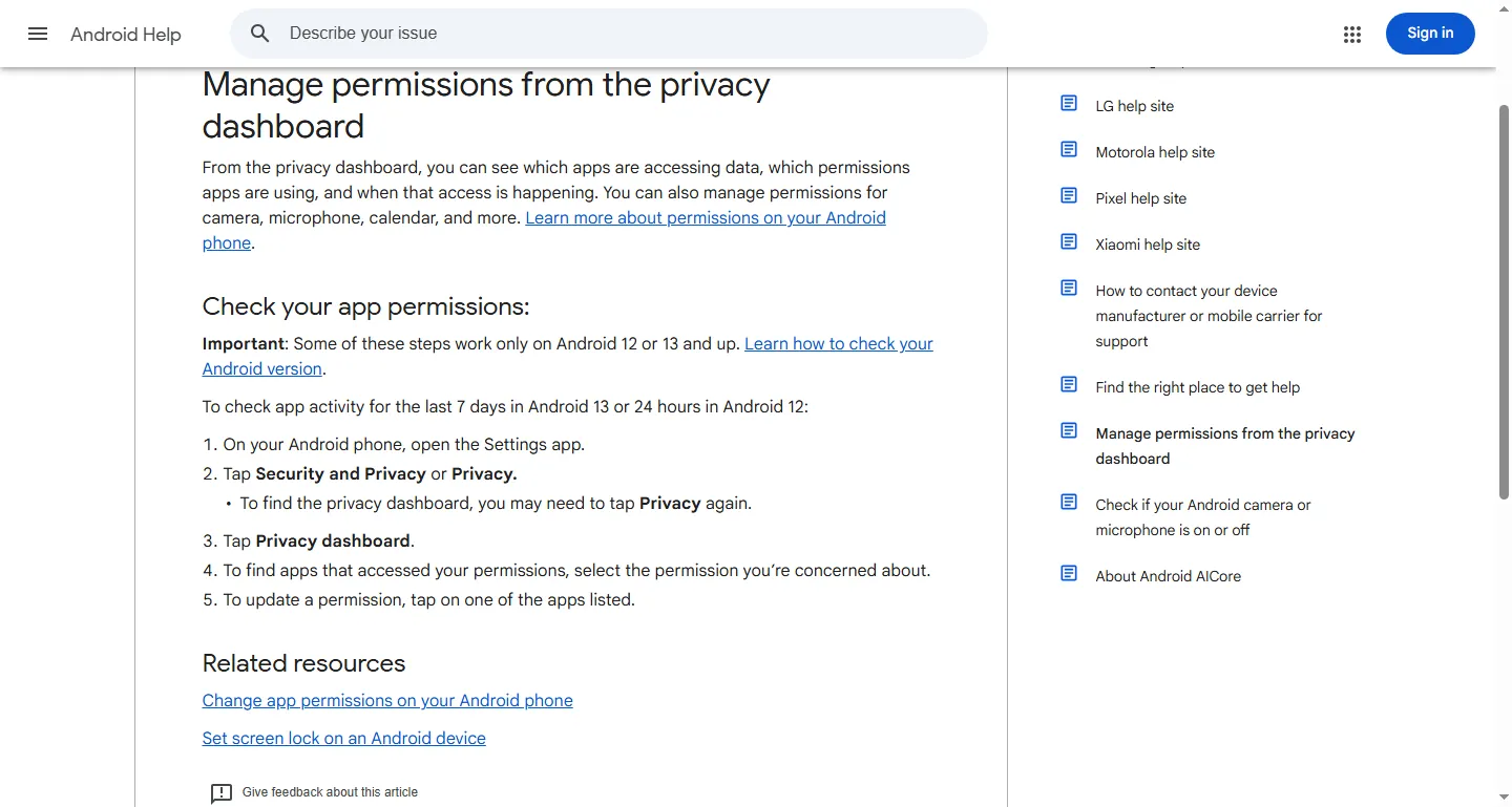 Google's Android Help page listing the steps to open the privacy dashboard