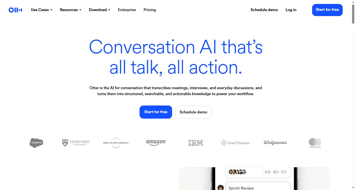 Otter.ai's homepage describing its meeting transcription service