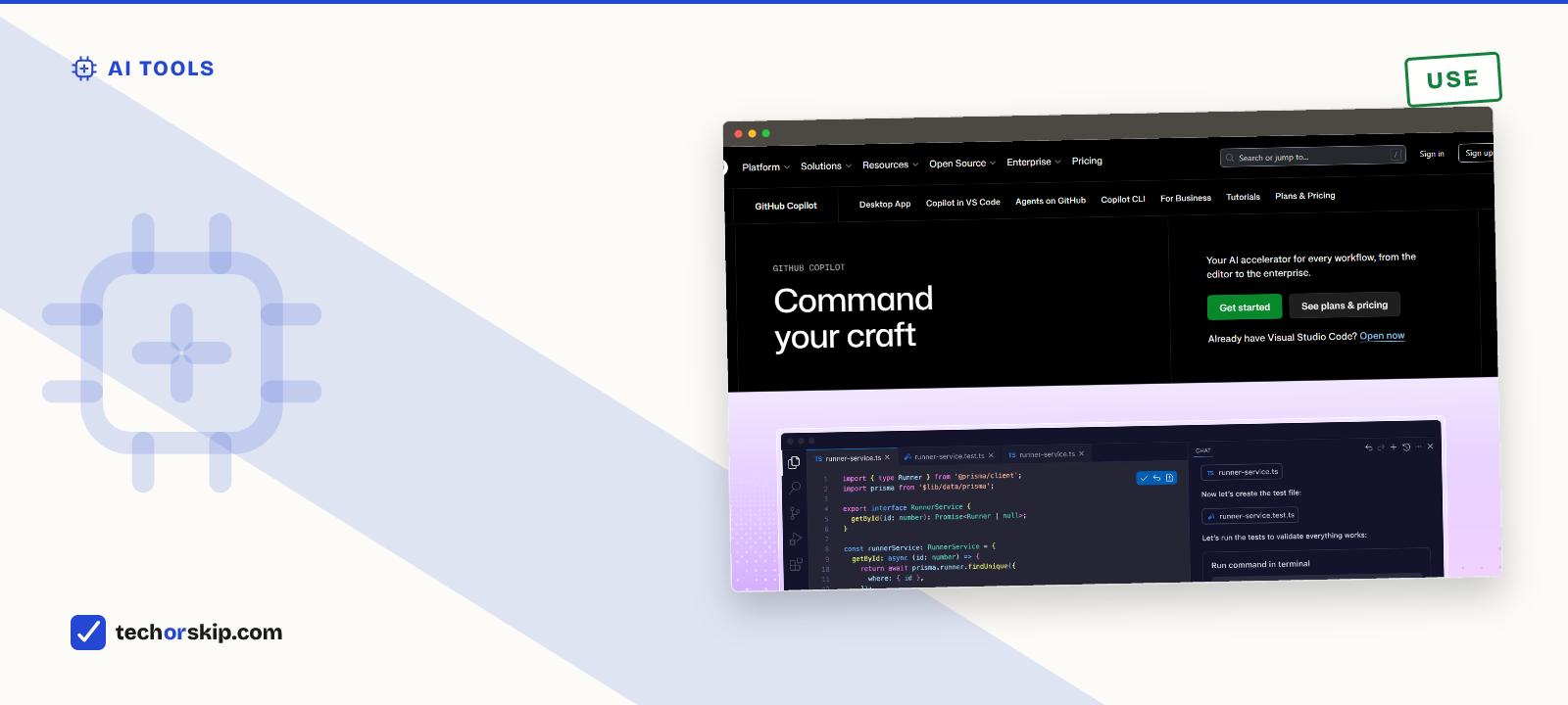 Branded verdict card featuring a screenshot of the GitHub Copilot product page