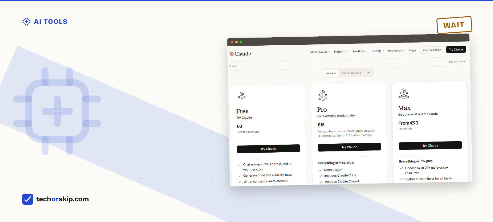 Branded verdict card featuring a screenshot of Claude's pricing page showing its individual plan tiers