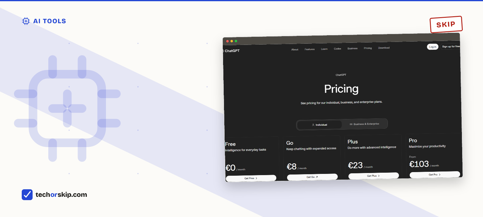 Branded verdict card featuring a screenshot of ChatGPT's pricing page with the Free, Go, Plus, and Pro plan cards
