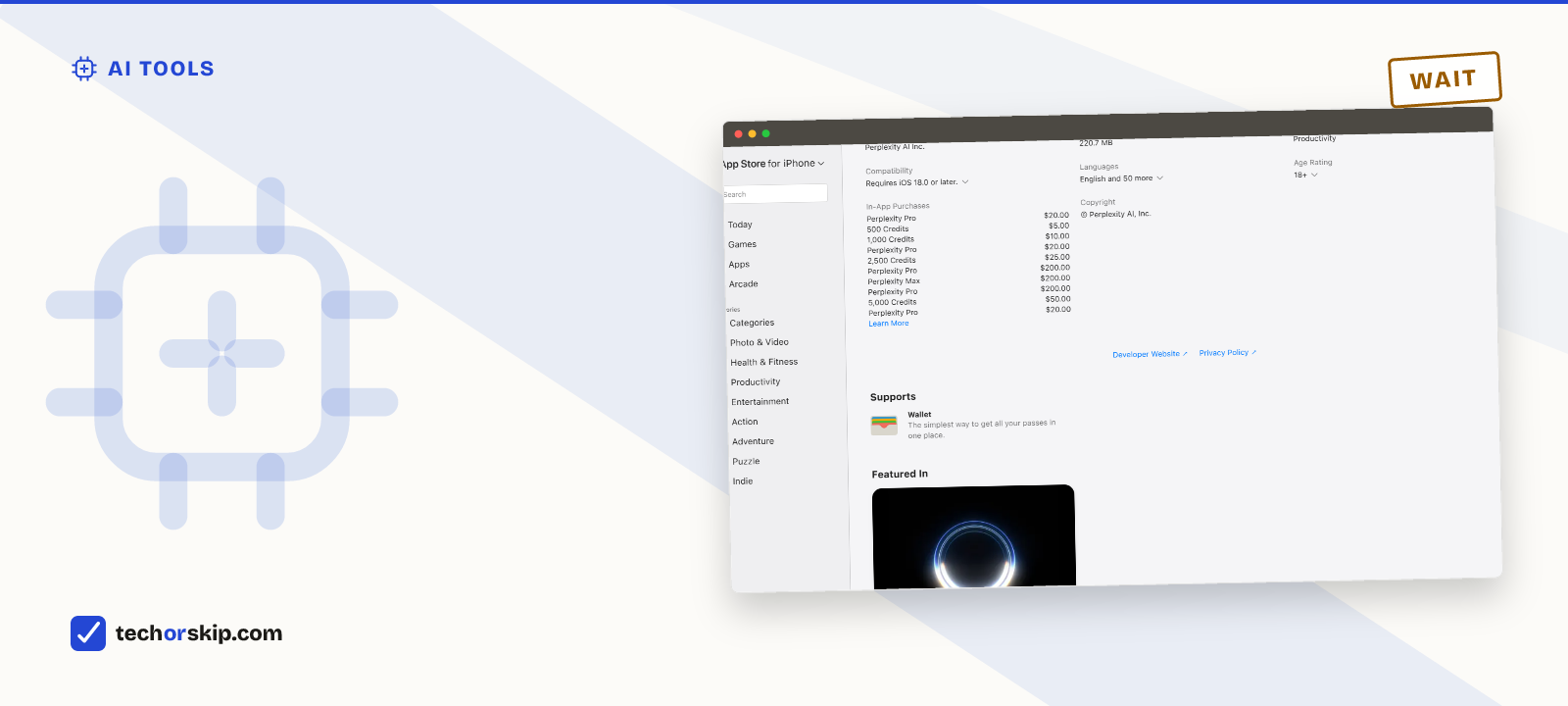Branded verdict card featuring a screenshot of Perplexity's App Store listing with its published in-app purchase pricing