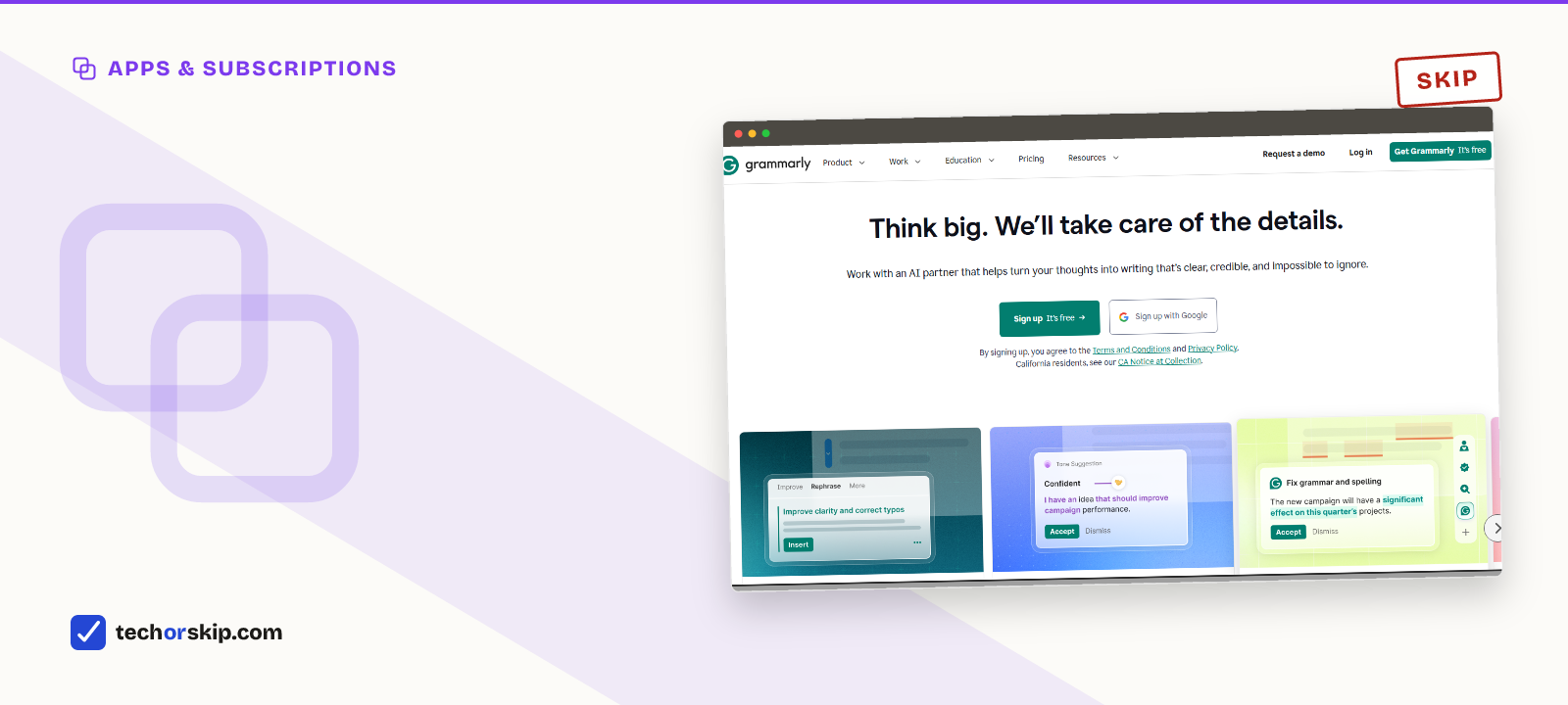 Branded verdict card featuring a screenshot of the Grammarly homepage