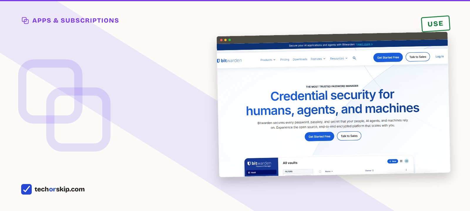 Branded verdict card featuring a screenshot of the Bitwarden password manager homepage
