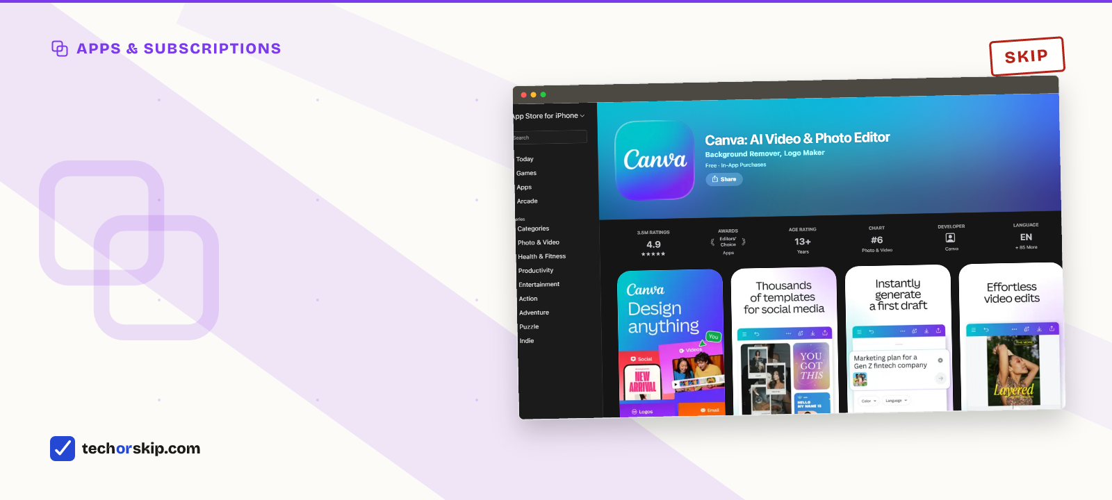 Branded verdict card featuring a screenshot of Canva's App Store listing with its published app screenshots