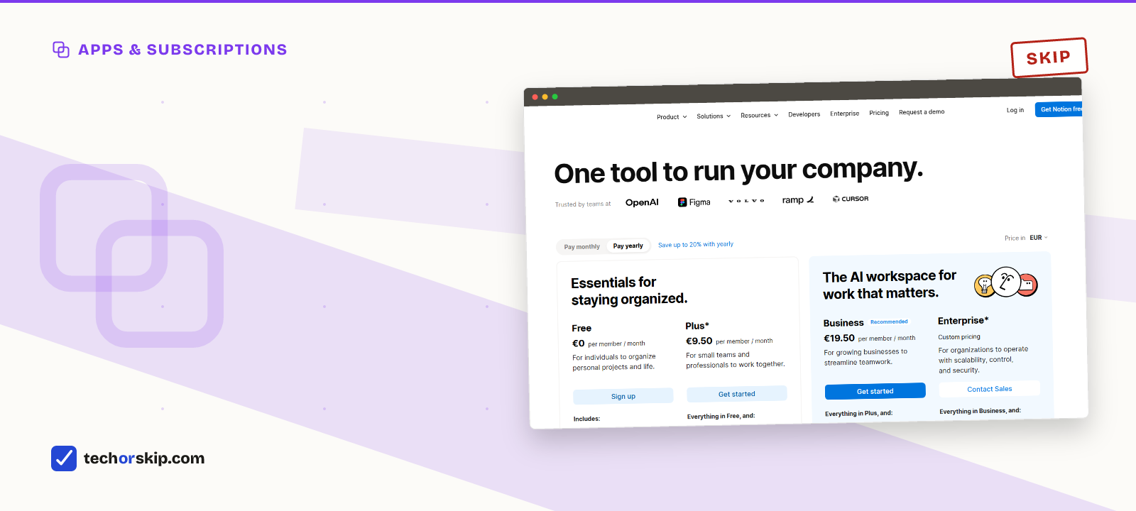 Branded verdict card featuring a screenshot of Notion's pricing page with the Free and Plus plan cards