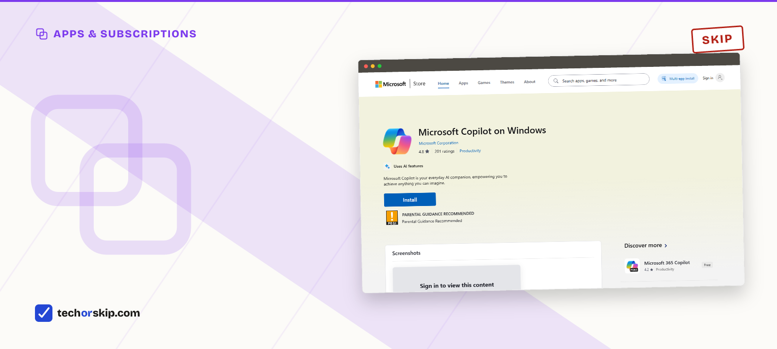 Branded verdict card featuring a screenshot of the Microsoft Store listing for the Copilot app