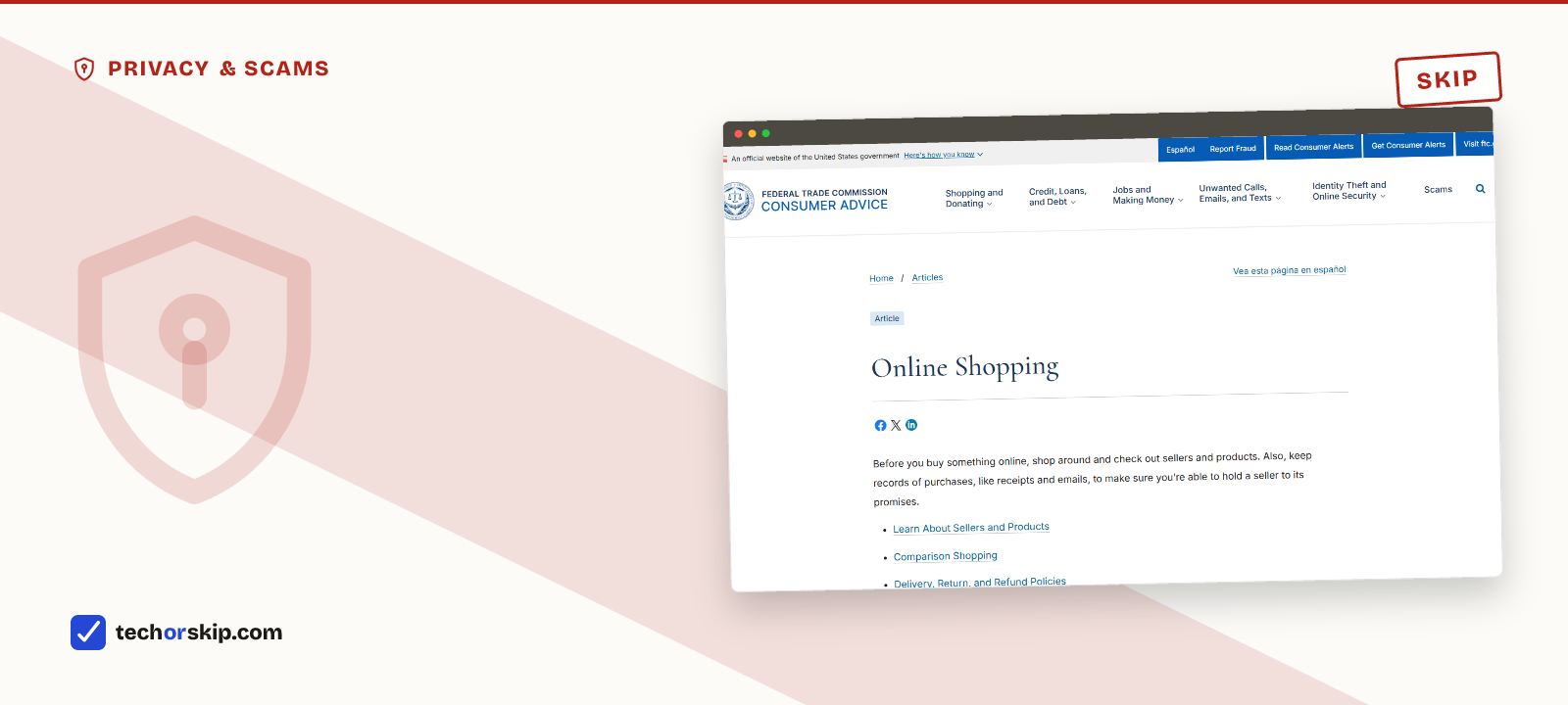 Branded verdict card featuring a screenshot of the FTC's Online Shopping consumer advice page