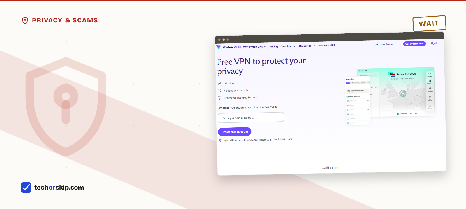 Branded verdict card featuring a screenshot of the Proton VPN free plan page