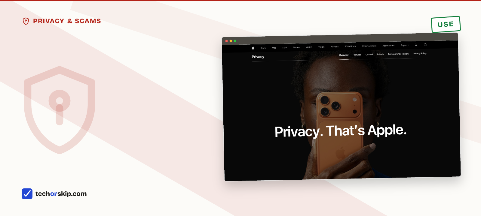 Branded verdict card featuring a screenshot of Apple's privacy marketing page