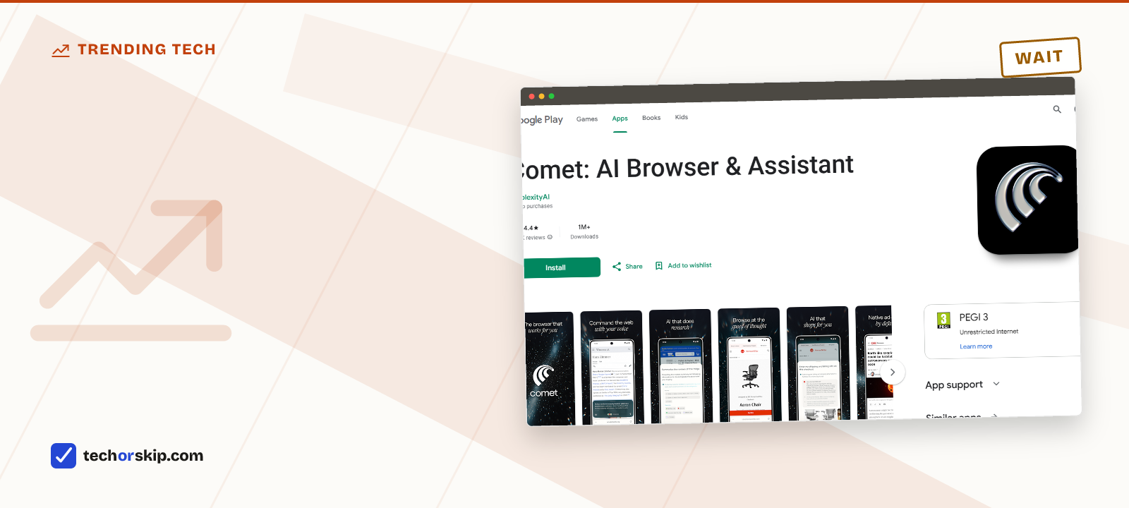 Branded verdict card featuring a screenshot of Comet's Google Play listing by Perplexity